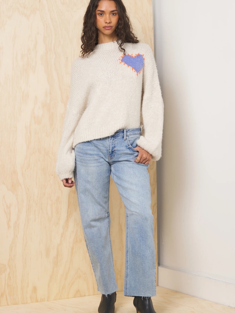 Cream Heart Detail Sweater with Light Blue Jeans
